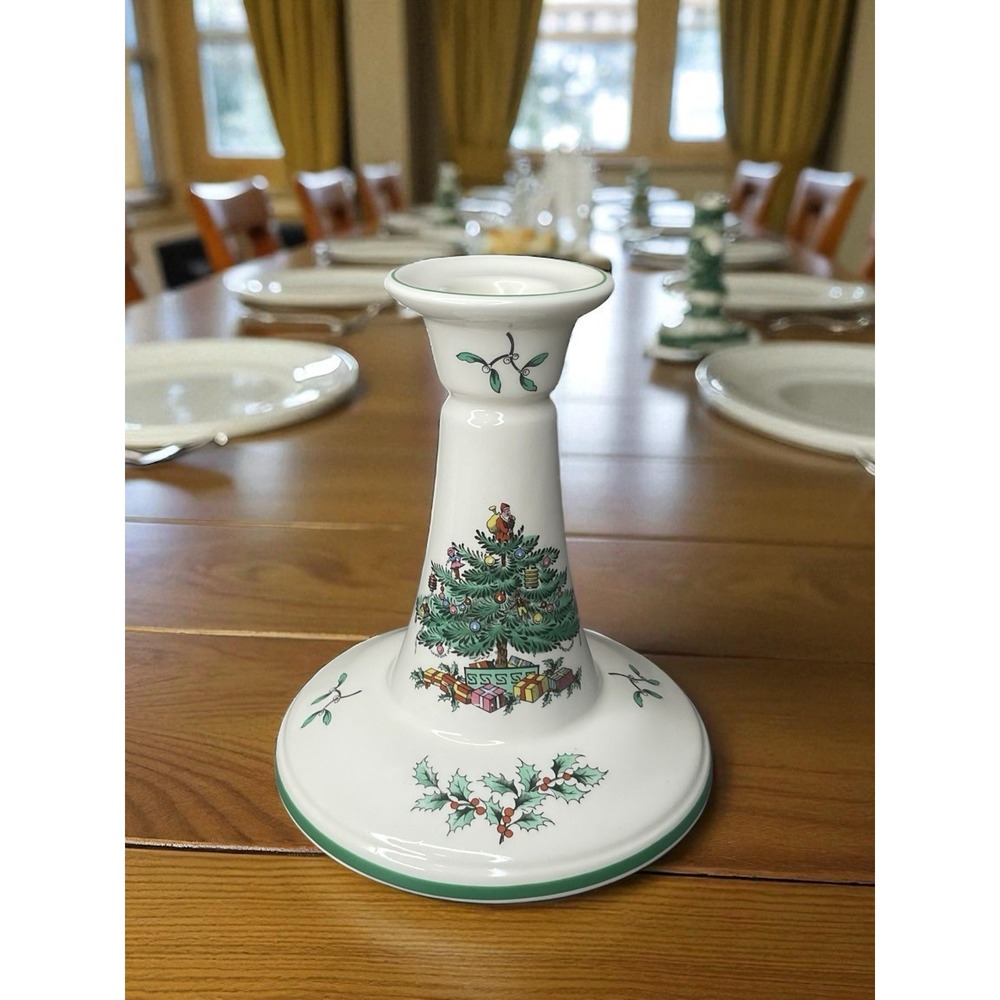 Vintage SPODE England Christmas Tree 5.5" Candlestick Candle‎ Holder EUC